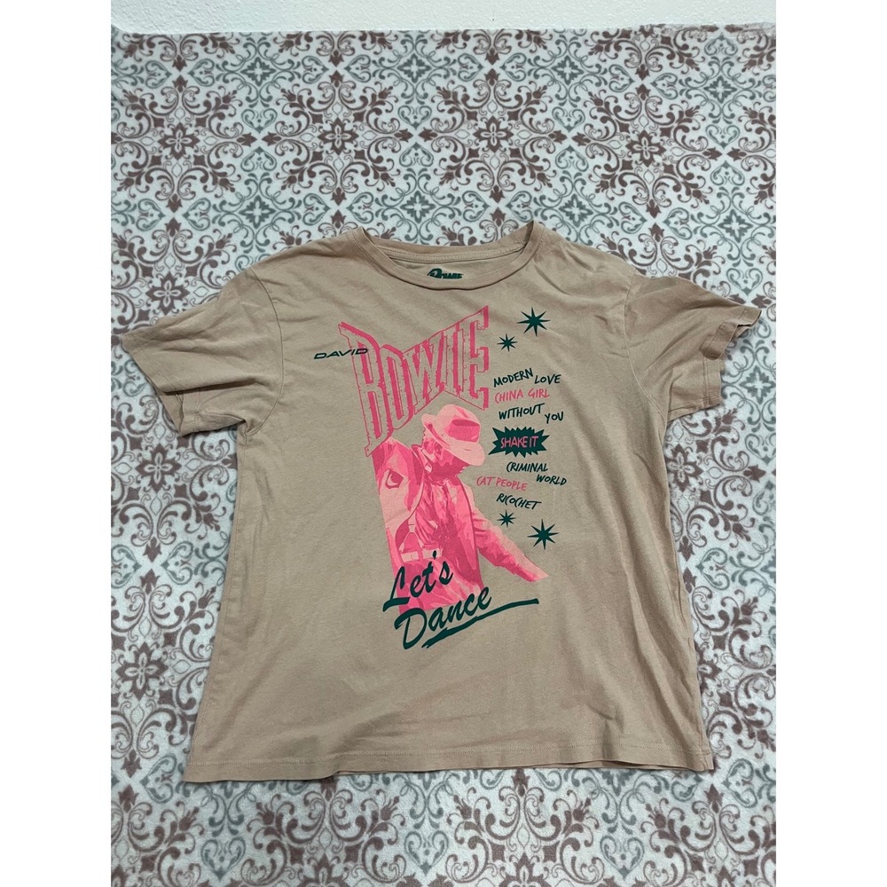 David Bowie Lets Dance Graphic T-Shirt Tan Pink XS Modern Love China Girl Cotton